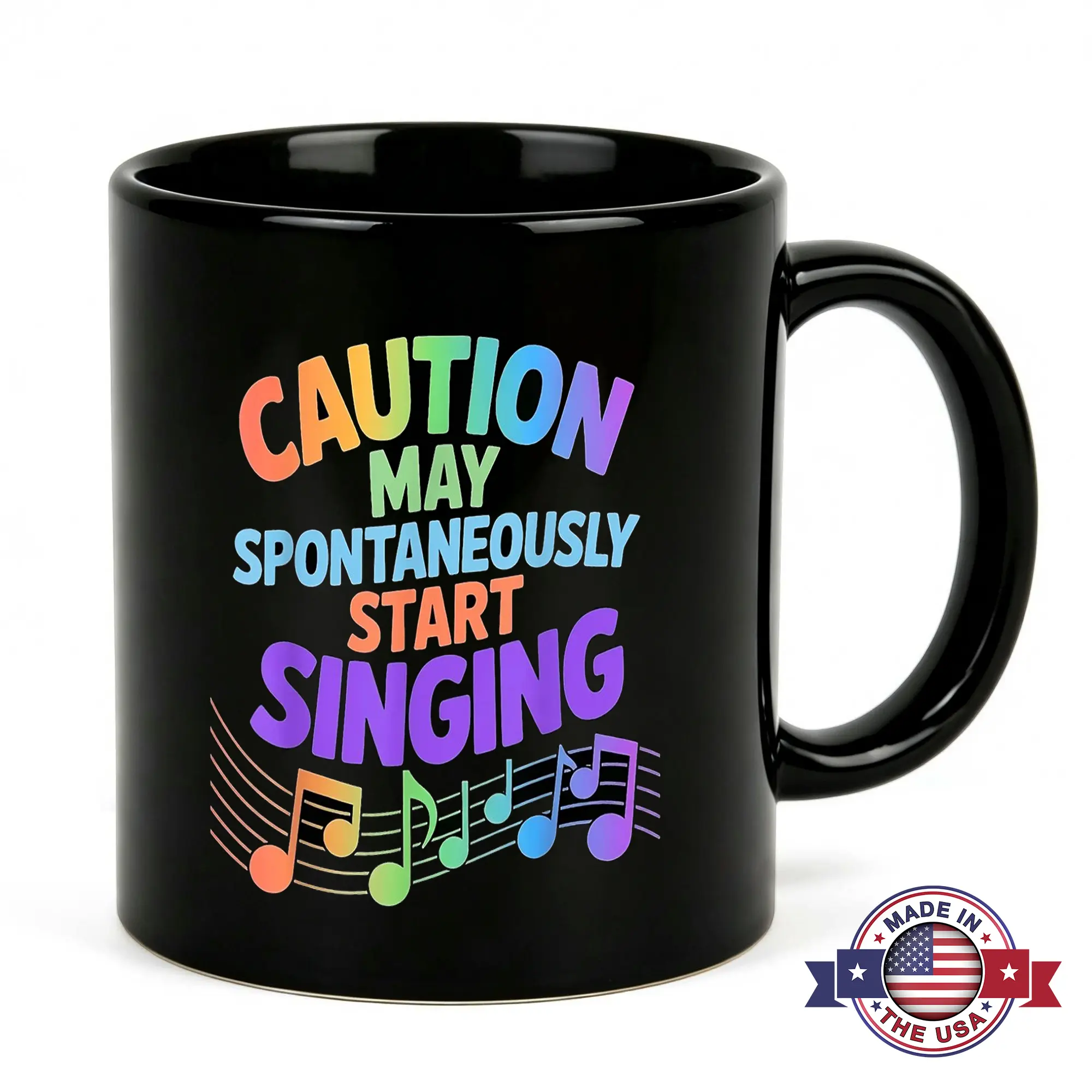 Funny Singer Coffee Mug 11oz Black Ceramic Caution May Spontaneously Start Singing Cup Rainbow Musical Notes Graphic Novelty Gag Gift for Musician Choir Member Theater Nerd Drama Teacher Vocalist Broadway Fan Desk Decor Present
