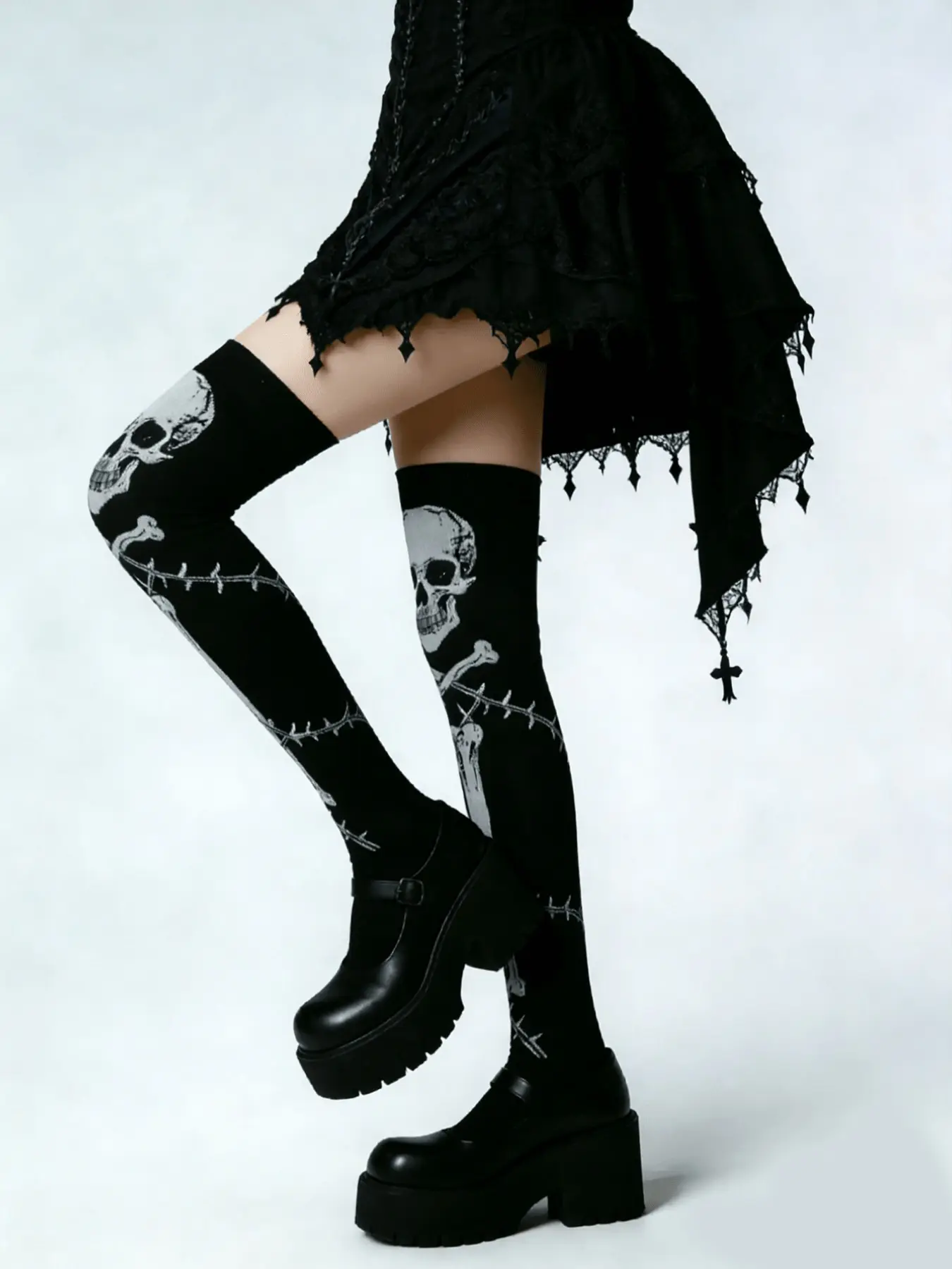 Women's Gothic Summer Skull Thistle Print Over-The-Knee Socks, Y2K Sweet Knee-High Socks, Street Style Tight Socks, Lolita Role-Play Socks
