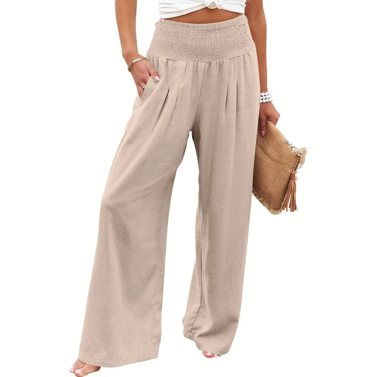 Women's Comfy Linen Palazzo Pants, Smocked High Waist Wide Leg Trousers with Pockets, Flowy Dressy Casual for Summer Beach Outdoors, Maternity, Style, Linen Fabric, Loose Fit, Solid Colors, Multi-Size, Baggy Linen Pants, Relaxed Fit Wide Leg Pants