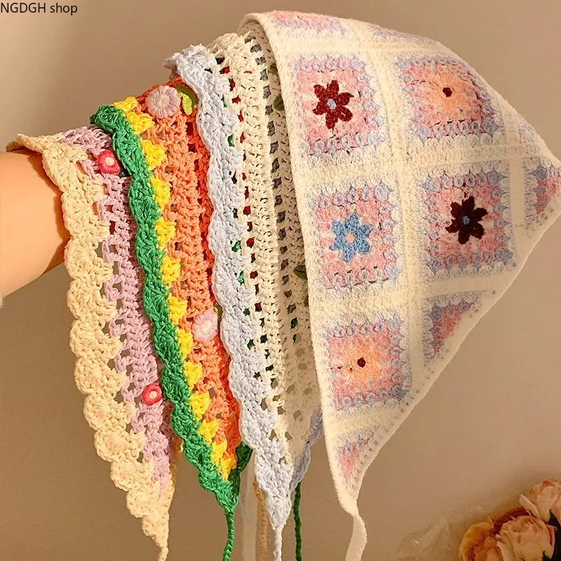 Crochet Floral Triangle Headscarf,Vintage Granny Square Knit Bandana,Tie Back Hollow Out Hair Kerchief,Boho Colorful Floral Crochet Head Cover,Summer Holiday Hair Accessory,Beach Travel Photo Prop & Casual Daily Hairband