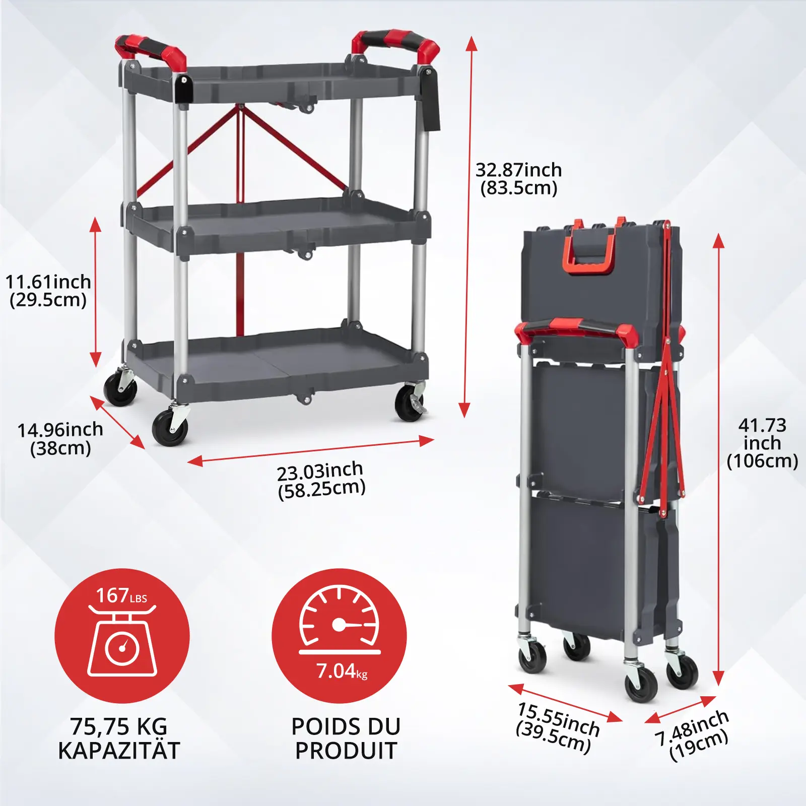 3-layer folding multifunctional vehicle - heavy-duty 150 pound capacity - folding rolling office storage vehicle -360 ° lockable wheels - suitable for portable storage vehicles in homes, garages, and warehouses - no assembly required