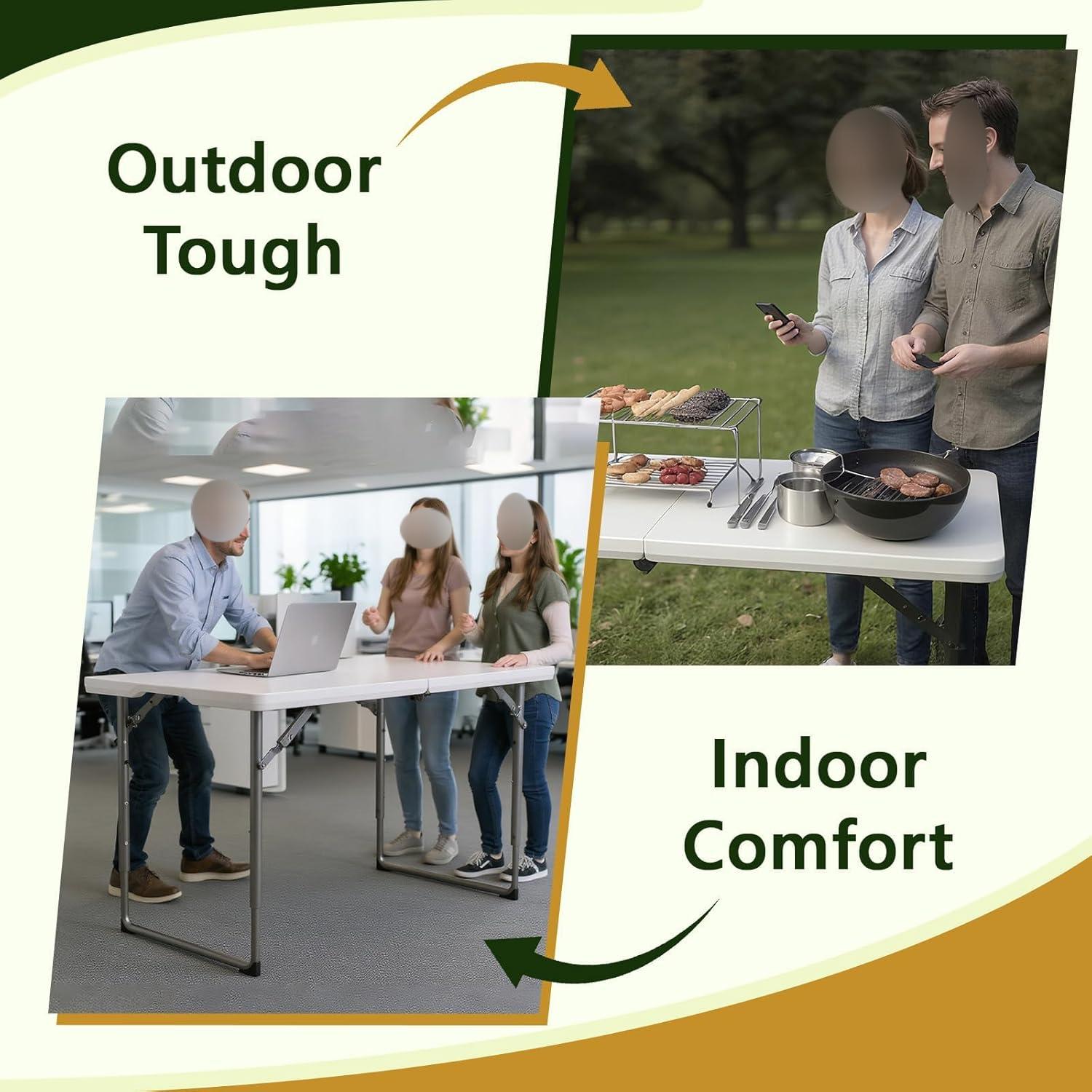 Folding Table, 4FT Foldable Picnic Table with Adjustable Height, Heavy Duty Fold-in-Half Portable Table for Weddings, Camping, RV Travel, Parties, BBQs, and Indoor Use, Easy to Fold and Store