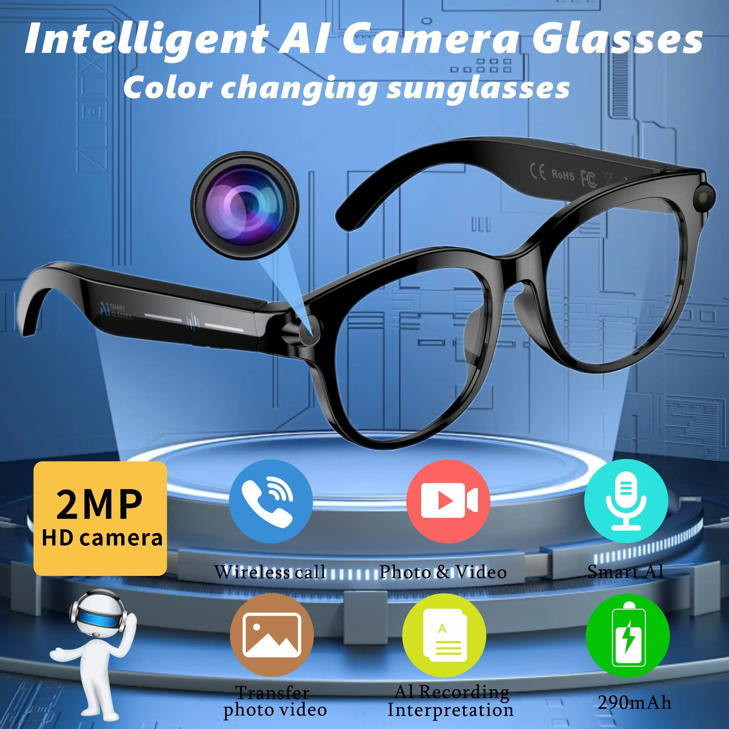 Intelligent AI glasses, high-definition camera, color changing sunglasses, long battery life, voice assistant/photo/video/recording/call/AI translation/smart visual recognition/music playback, sports, office, dressing and use, ideal holiday gift.