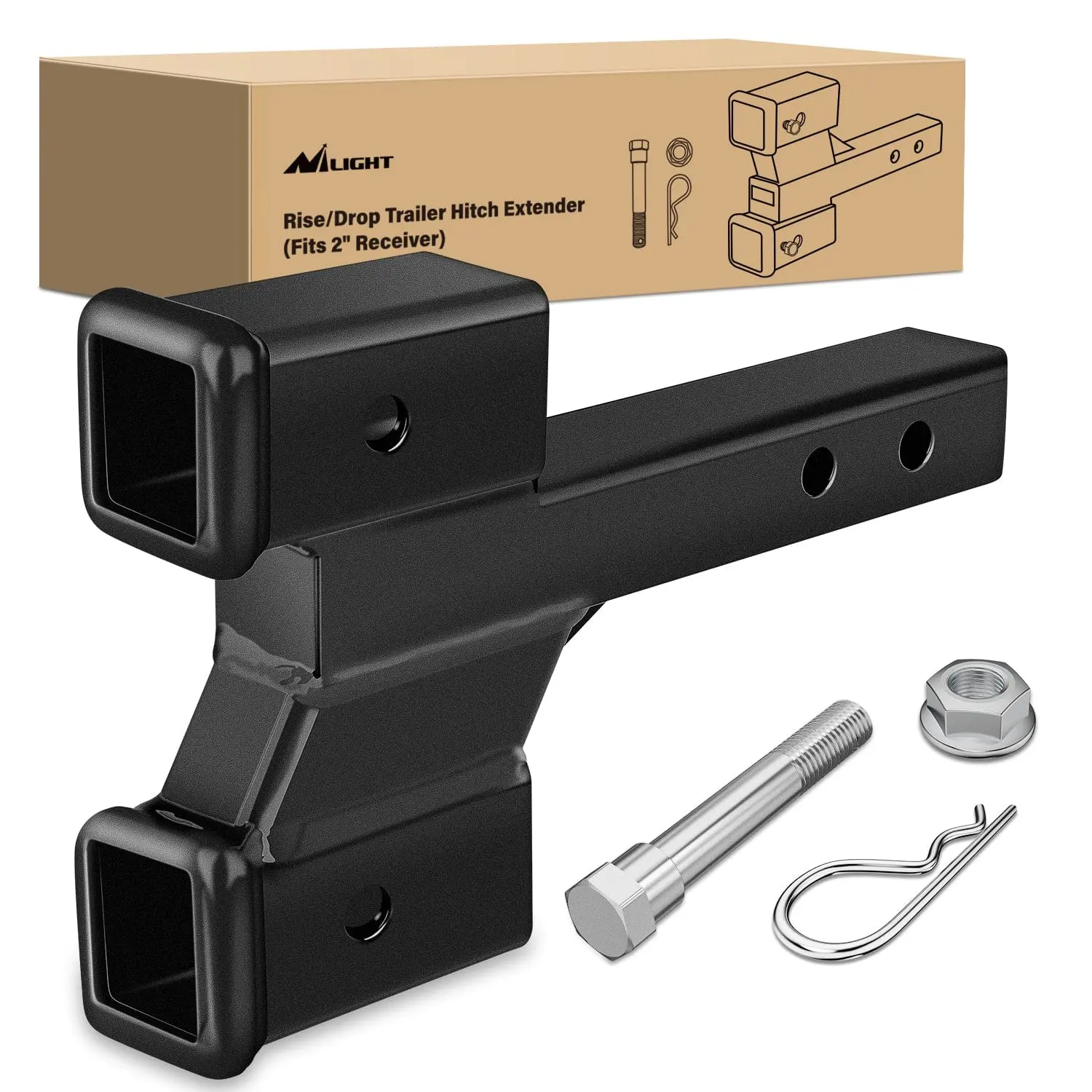 Nilight 2-Inch Dual Towing Hitch Receiver, Adjustable Black with 2/4-Inch Rise/Drop, Full Welding, High-Strength Corrosion-Resistant Hardware, Solid Body, Fits Boats, Campers, Hitch Mount