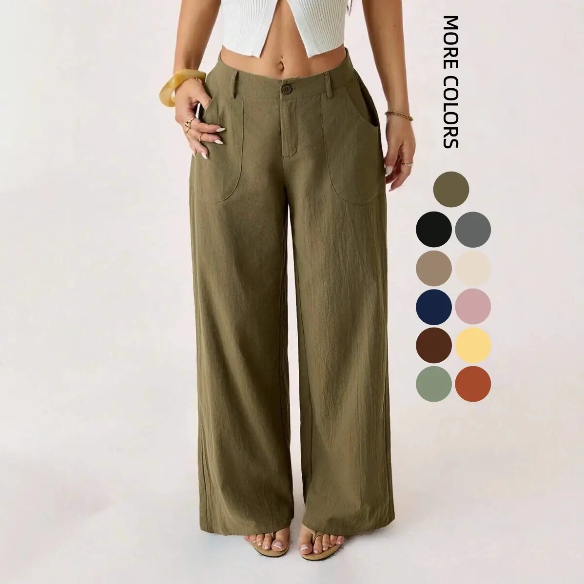 Lady's 2026 New Cotton-Linen Basic Bottoms, Mid-Waist Baggy Wide-Leg Long Pants, Casual Work Clothes with Pockets, Loose, Casual Wear