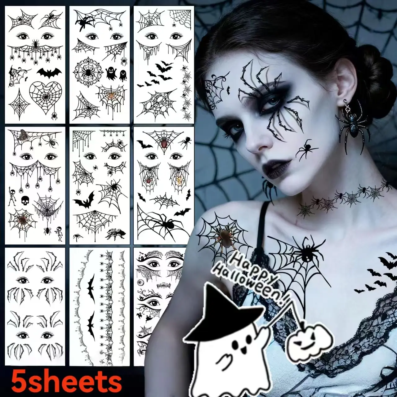 5 creative Halloween eye tattoos Realistic 3D spiders and cobwebs dressed as temporary tattoos, fake tattoo stickers around the corners of the eyes waterproof and lasting horror zombie witch makeup eyelid eyebrows eyeliner tattoo stickers.