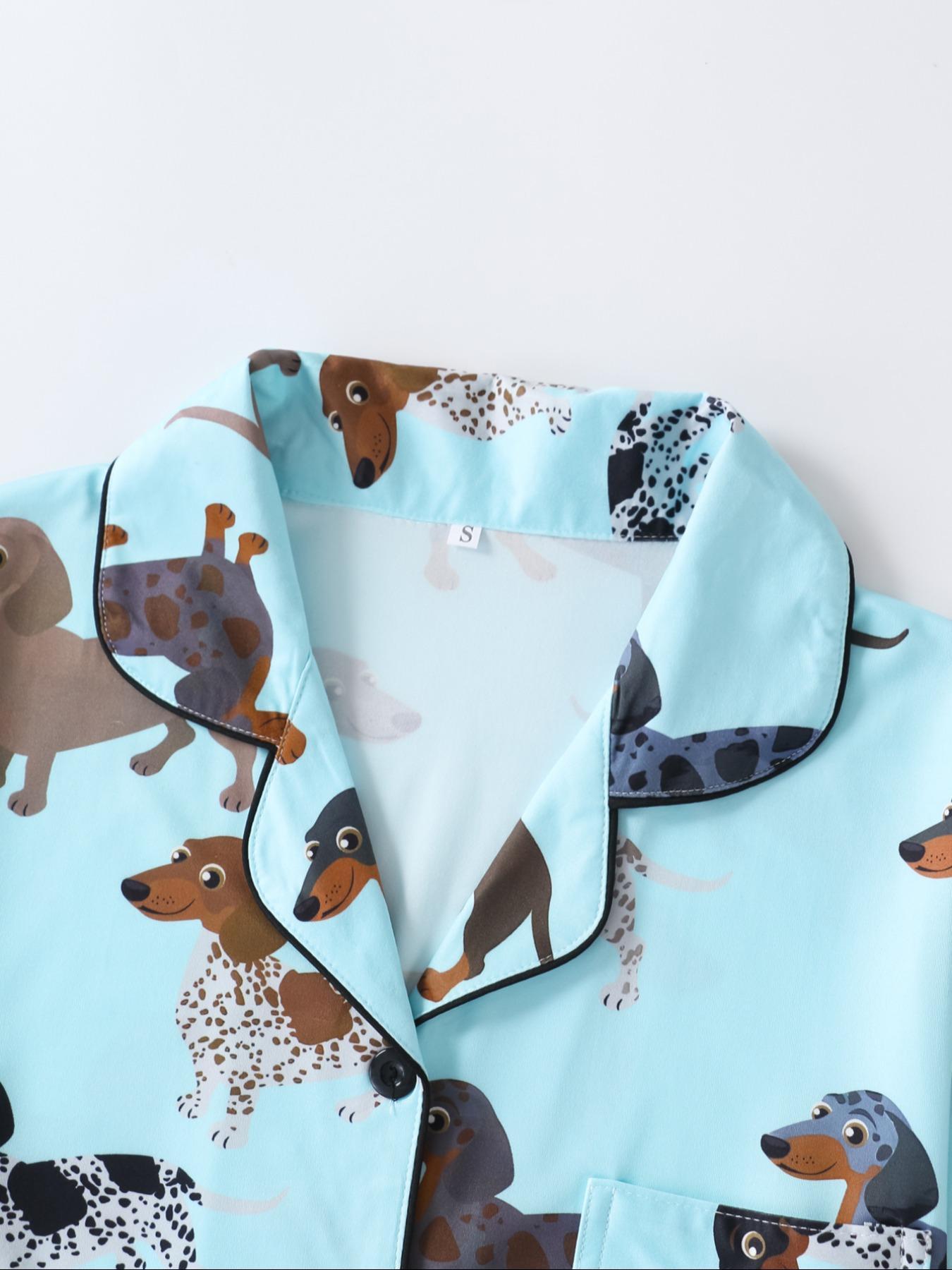 Women's Cartoon Dog Print Short Sleeve Matching Pajamas Two-piece Set, Casual Comfy Lapel Neck Button Design Pj Set for Daily Home Wear, Ladies Sleepwear for All Seasons, Loungewear,  Pastel Cute Pajamas, Breathable Stylish Pajama, Cute Pajama Sets