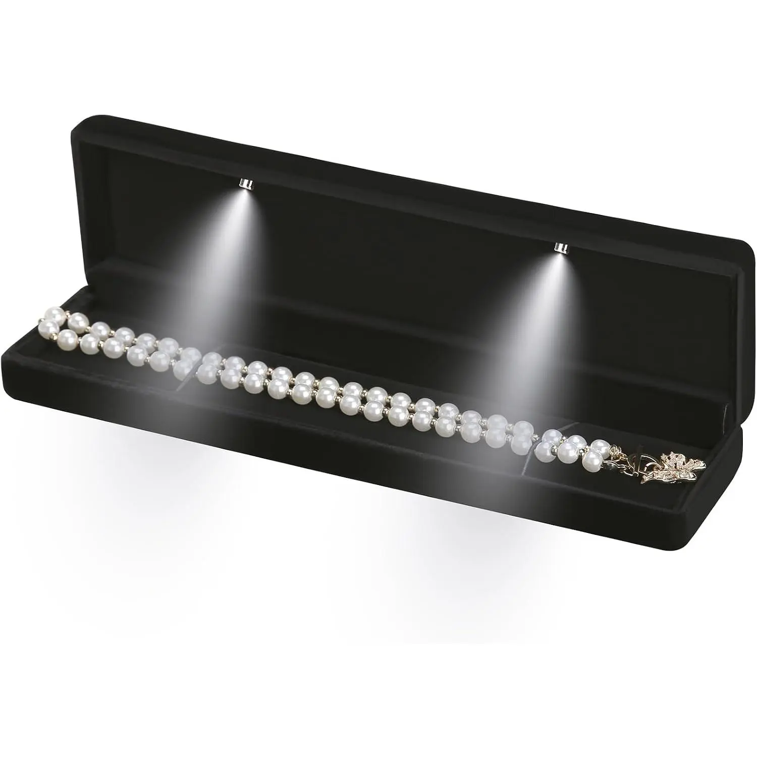 Classic Metal Glossy  Necklace Long Chain  Box with LED Light,   Pendant Storage Display Case for Proposal Engagement Wedding Anniversary Birthday Ceremony (Black)