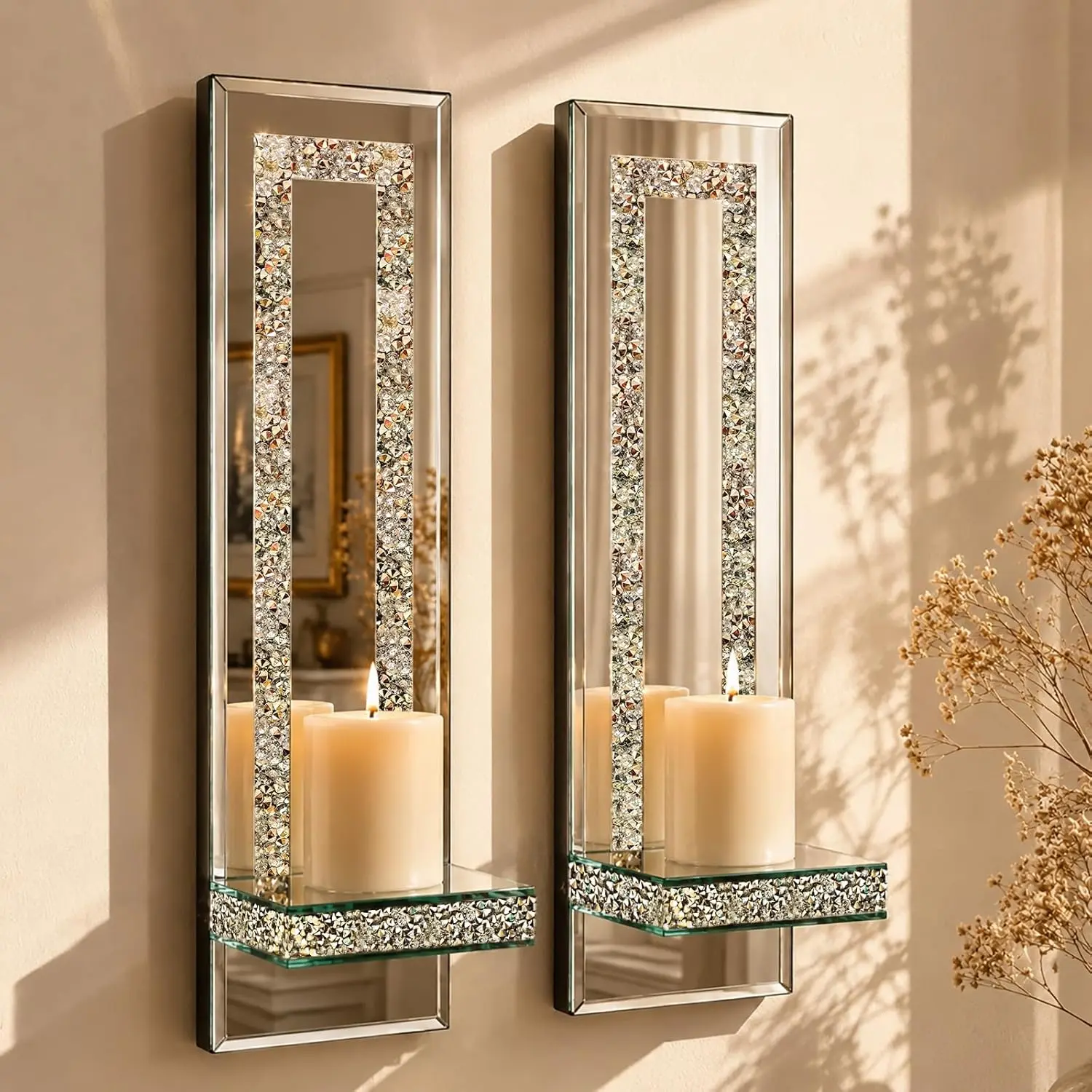 Decorative Crushed Diamond Crystal Candle Sconces Set of 2 (15x4 in), Mirrored Wall Candle Holders, Bling Wall Decor for Living Room, Bedroom
