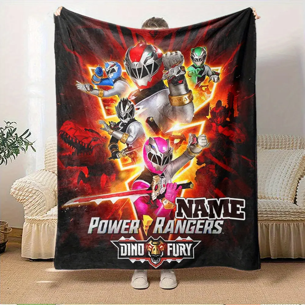 Cartoon All Season Soft Fleece Throw Blanket, Custom Name Power Rangers Dino Fury Hero Team Print Sofa Bed Nap Travel Camping Blanket, Dinosaur Superhero Kids Decor Fluffy Blanket, Personalized Warm Gift Blanket For Power Rangers Fans