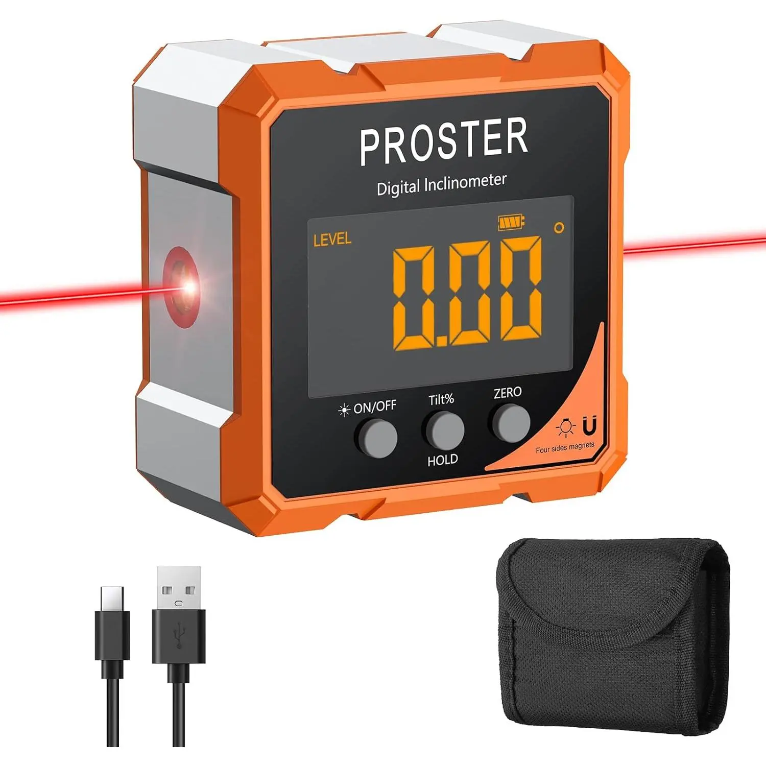 Proster Digital Angle Finder with Laser 4-Side Magnetic Angle Gauge IP54 Waterproof LCD VA Display USB-C Inclinometer Level Box for Woodworking Carpentry Building(Laser Level Class II,Output<1mW)