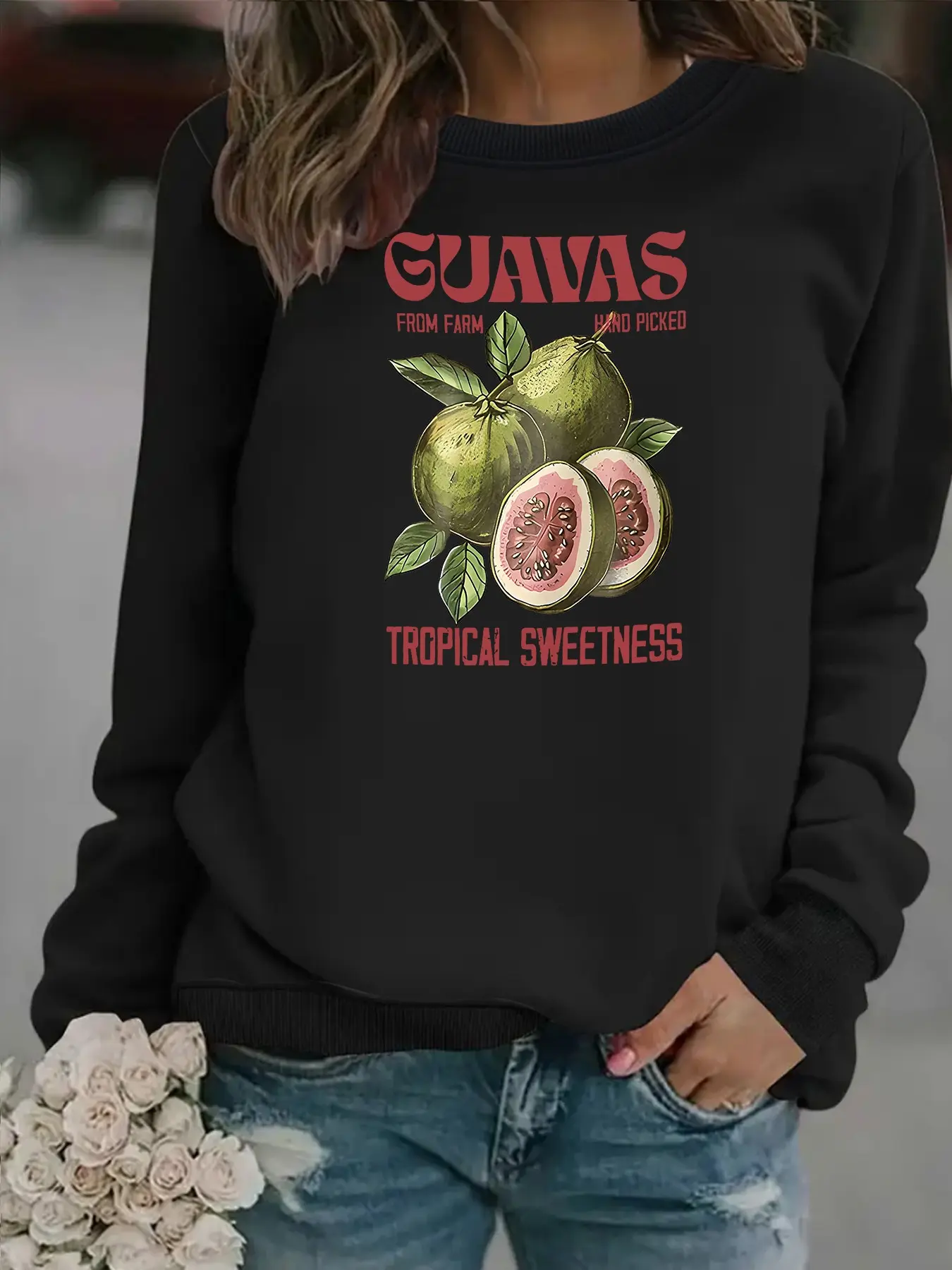 Women's Casual Tropical Passion Fruit Pattern Sweatshirt, Soft Long Sleeve Round Neck Fleece Pullover, All-Season Comfort
