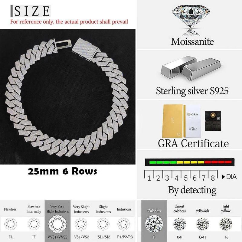 Pass Diamond Test GRA Moissanite 25mm Wide 6Rows  Solid Silver Cuban link chain for Rapper Hip Hop VVS Iced Out Necklace.