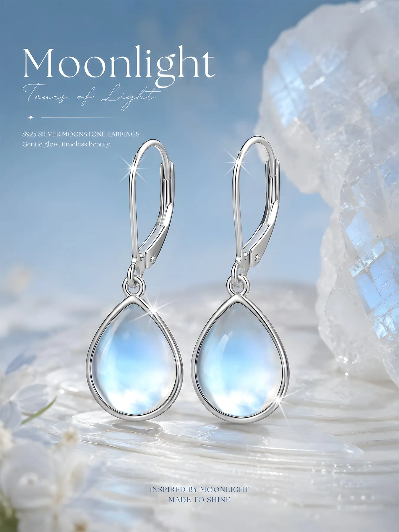 Women's S925 Silver Elegant Water Drop Moonstone Earrings, Fashion Dangle Ear Studs, Unique Design Earrings, Hypoallergenic Daily Wear Jewelry Gift, Teardrop Earrings, Dangling Earrings