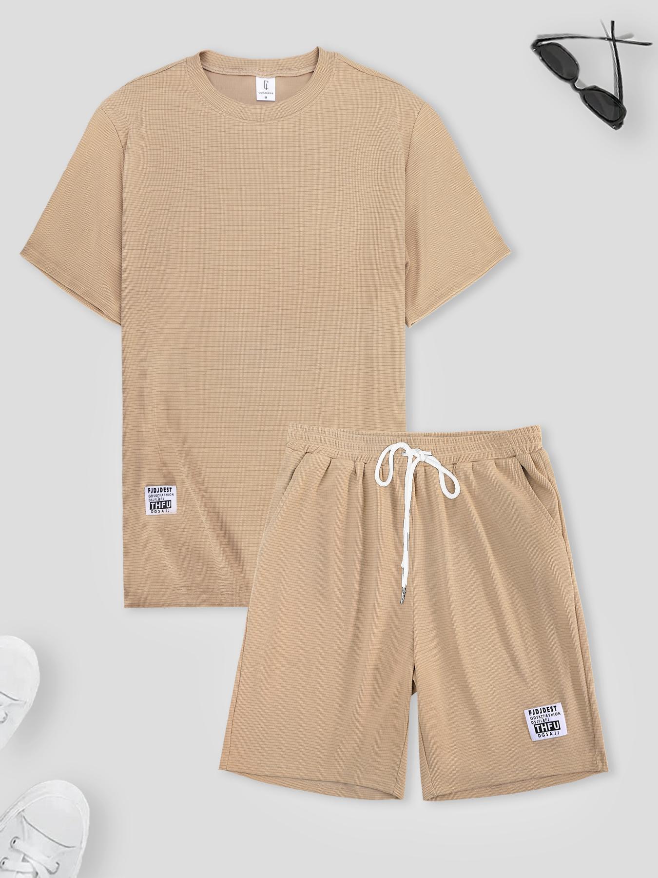 Men's Letter Patched Short Sleeve Tee & Shorts Set, Regular Fit Casual Round Neck T-shirt & Shorts, Men's Summer Loungewear Clothes for Daily Wear, Menswear