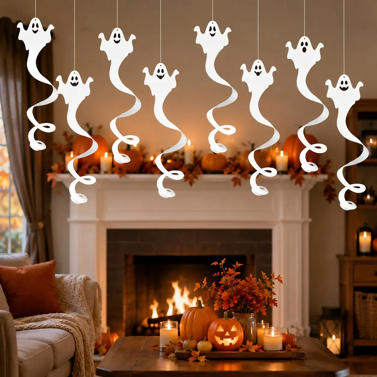 8Pcs Halloween Ghost Spiral Hanging Decor – White Silly Face Phantom Swirl Streamers for Haunted House Ceiling, Spooky Party Atmosphere Supplies, Fall Decor