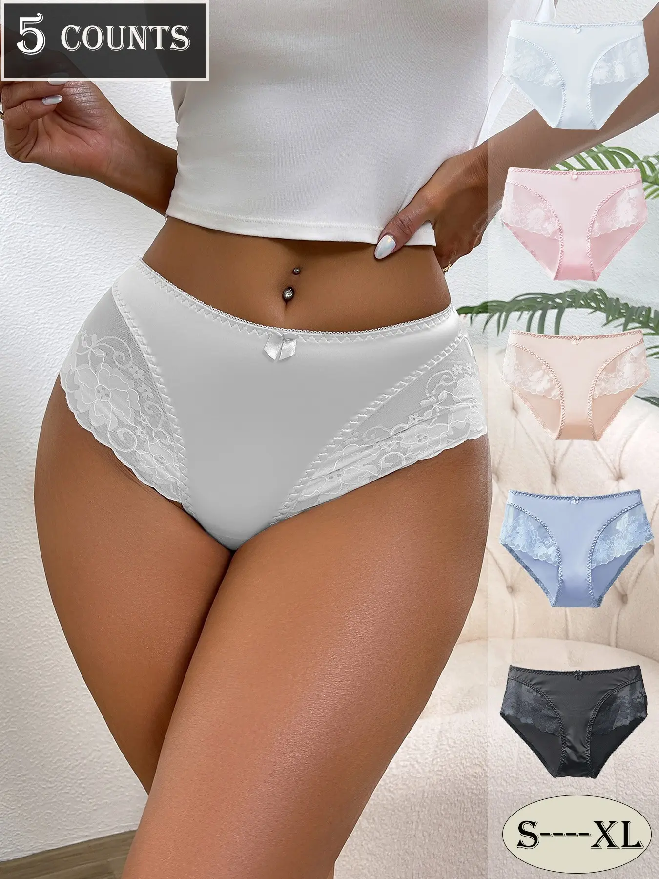 5 Pcs Sexy Women's Satin Lace Triangle Panties Set, Bow Waistband, Backline Design, Floral Trim, Soft Comfortable, Fit, All Season Underwear