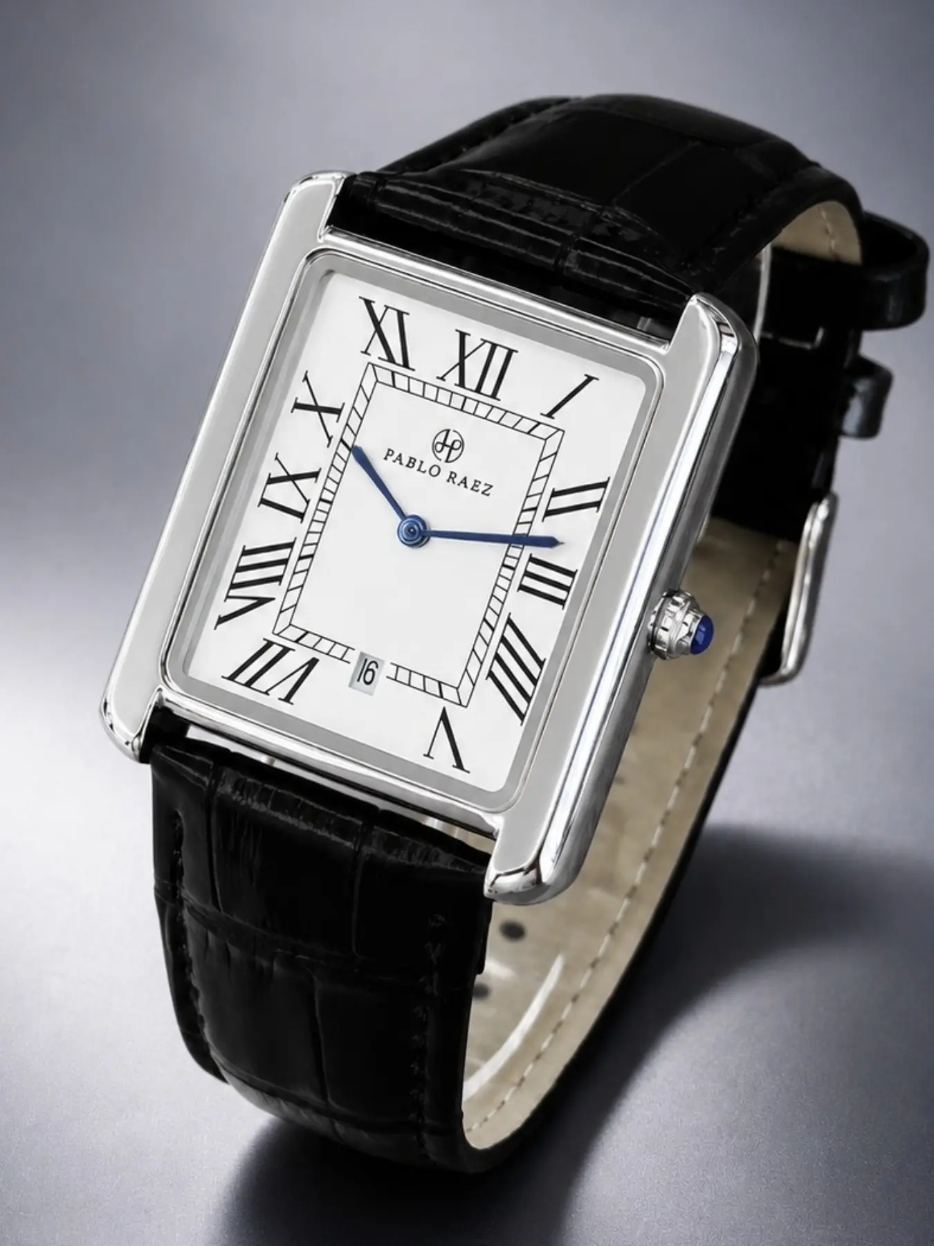Men's Elegant Analog Quartz Watch, Silver Color Sus304 Stainless Steel Case, PU Leather Strap, Roman Numeral Dial, Rectangular Face, Waterproof Business Wristwatch, Business Fashion Watch
