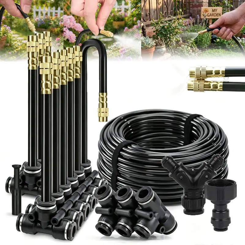 20m  Micro Drip Irrigation Kit with Adjustable 7.87" Mist Nozzle - Automatic Watering System for Balcony Greenhouse Gardening, Euro - American Thread Standard, No Electricity Required, Automated Misting Watering Equipment, Hose Set Watering Equipment