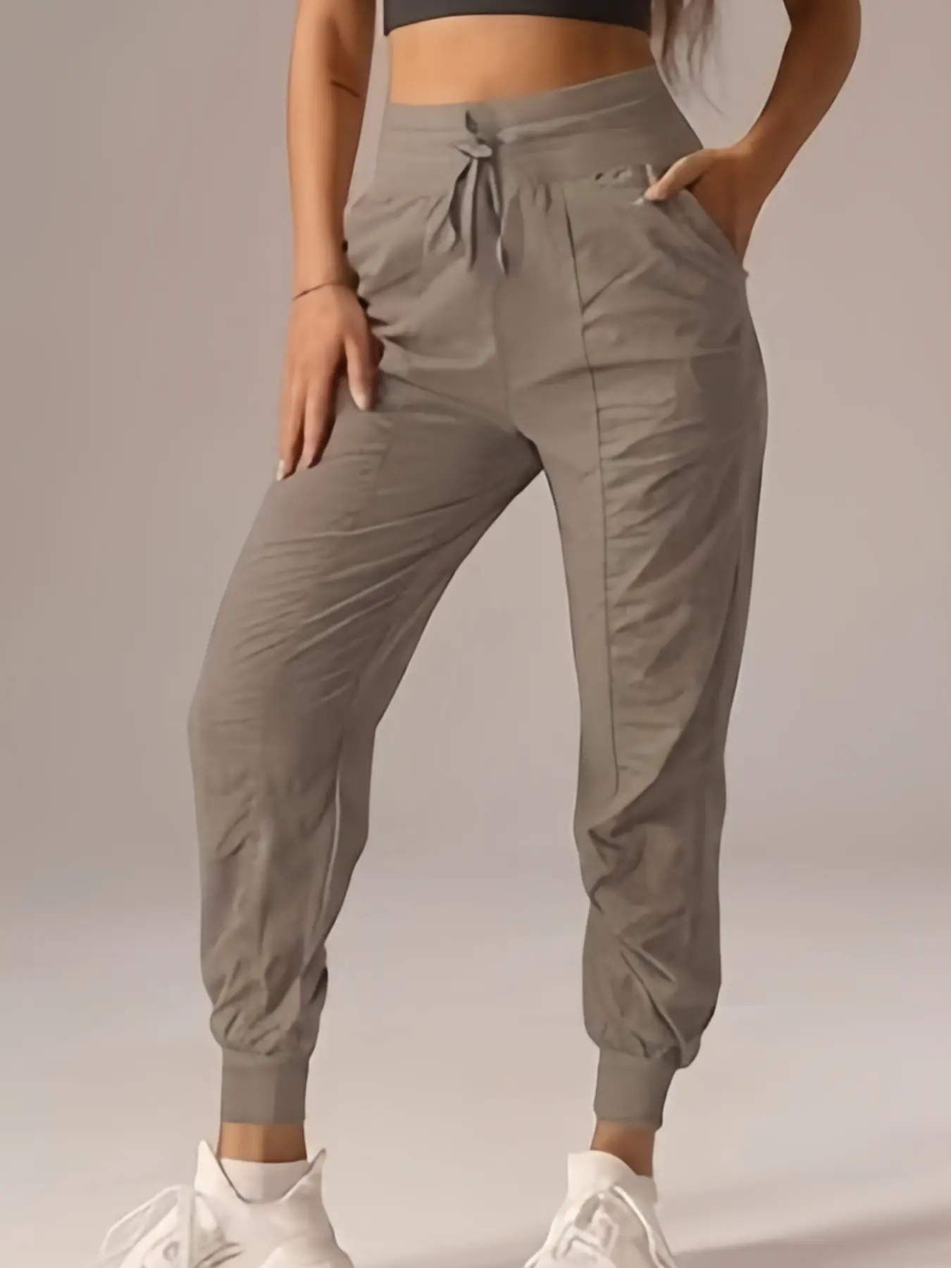 Women's High-Waisted Drawstring Pleated Jogger Pants, Quick-Dry Lightweight Sports Gym Long Pants, Side Pockets, Yoga Running Casual Wear
