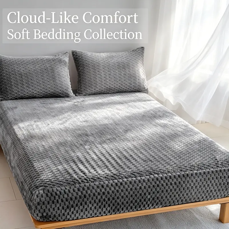 Aesthetic Grid Embossed Plush Fitted Sheet & Pillowcase Set, Soft Warm Textured Bedding Kit, 360° Wrap Elastic No Shift Mattress Cover, Air Permeable Smooth Bed Linen For Autumn Winter Room Styling