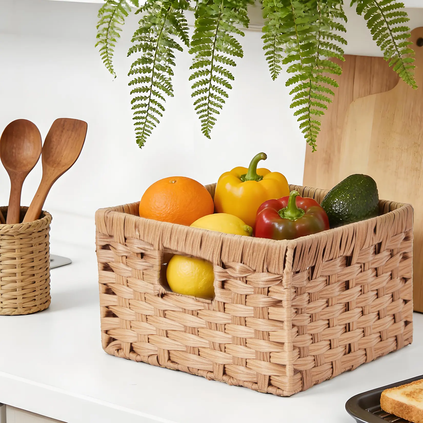 Handwoven Water Hyacinth Storage Baskets Set of 2 – Durable Wicker Organizer Bins with Built-in Handles – Decorative, Space-Saving for Home, Closet, Shelves, Living Room