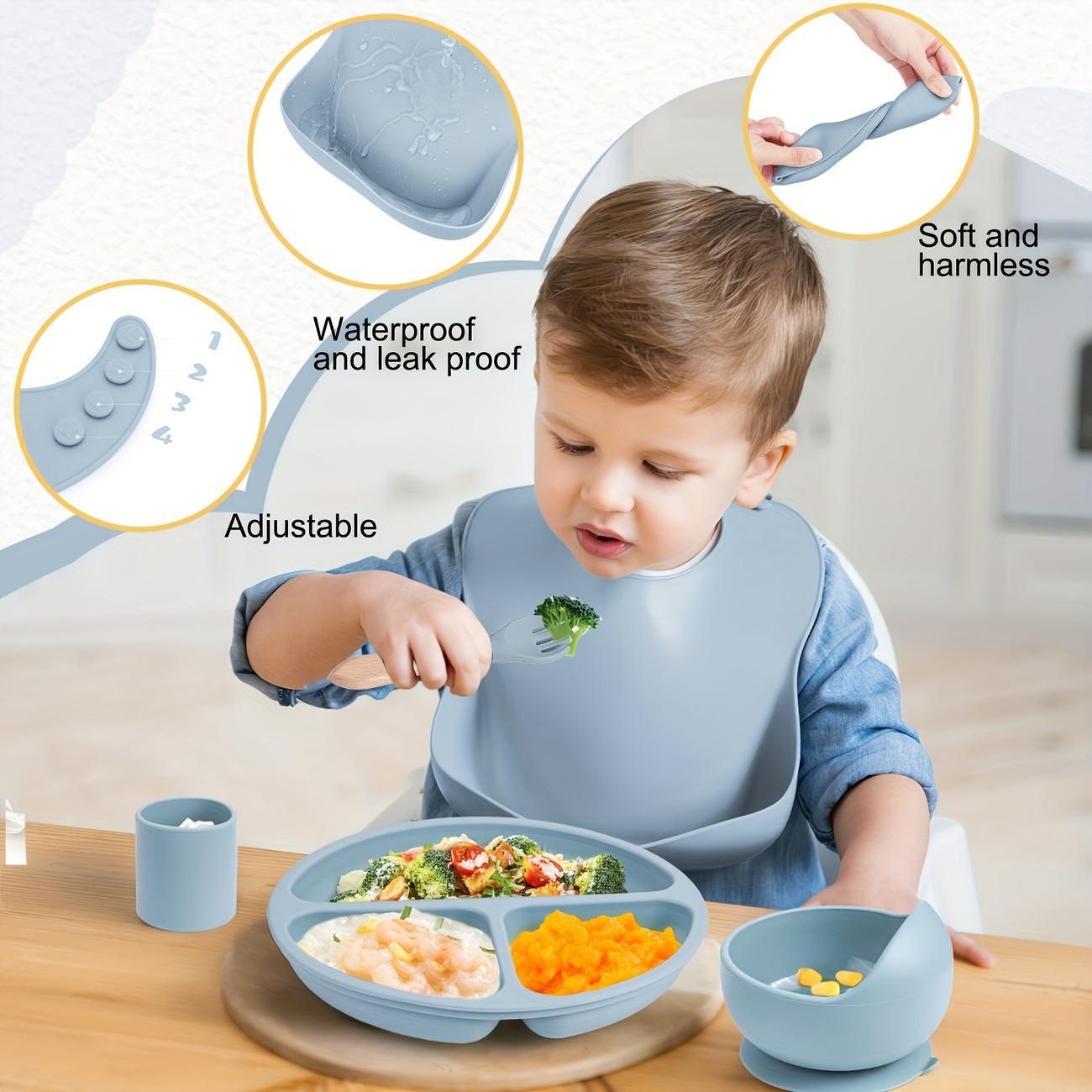 Baby Silicone Feeding Set, 5 Counts/set Including Bib, Bowl, Plate, Spoon & Fork, Baby Dinnerware Set, Baby Tableware Set, Mold Bowl, Silicone Utensils Set