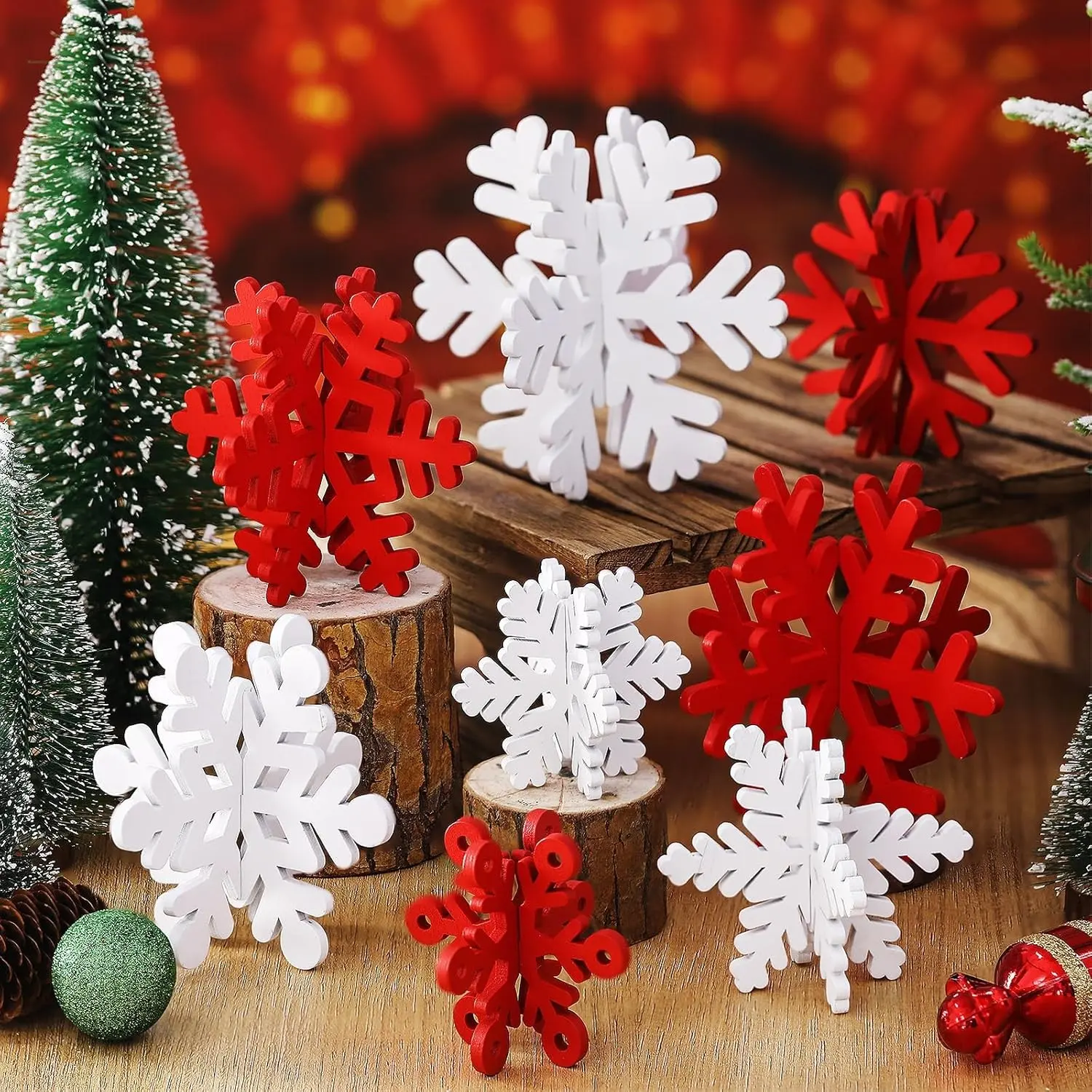 8-Piece Wooden Snowflake 3D Centerpiece Set, Standing Wood Signs for Tiered Trays, Winter Holiday Table Decor, Christmas Party Centerpieces