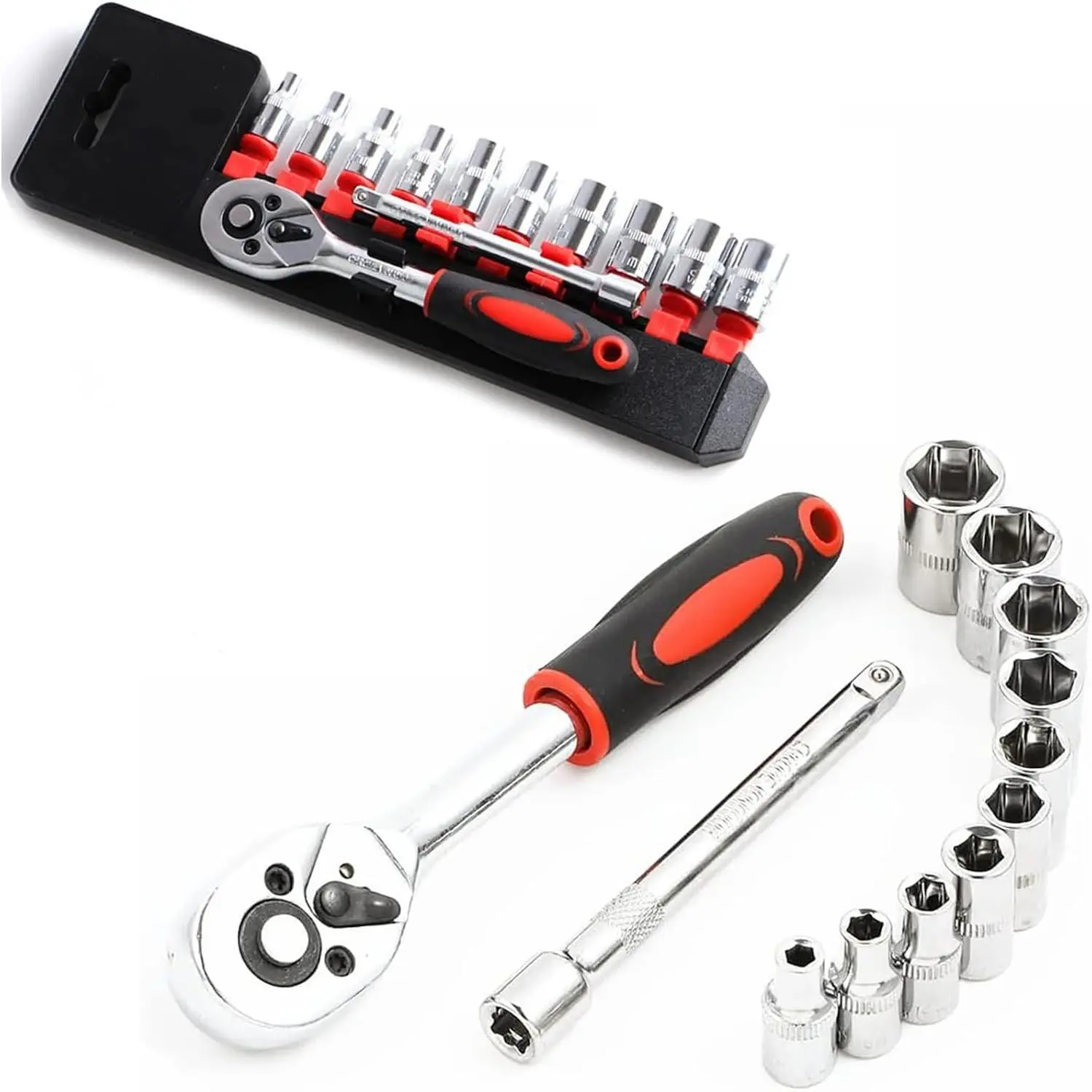 1/4” Ratchet Socket Wrench Set, Mechanic Tool Kit and Sockets Set with Quick Release Reversible Ratchet Handle and Extension Bar, 12 count Set