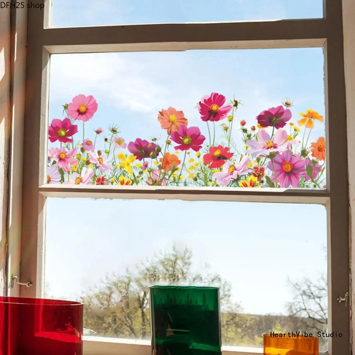 Floral Window Decal Sticker for Home Balcony Patio and Garden Decor, Colorful Decorative Film With Light Filtering Effect