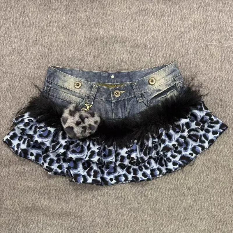 Y2K Gothic Grunge Denim Skirts Women Subculture Retro Punk Print Mini Skirt Vintage Streetwear Fashion Faux Fur Patchwork Skirt