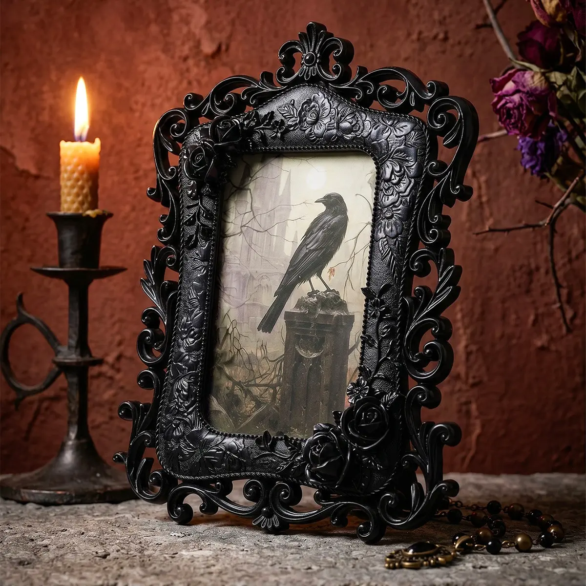 Halloween Gothic Rose Resin Photo Frame, Picture Frames For Desk, Modern Desktop Decoration, Halloween Home Decor, Creative Gift, Photography Prop