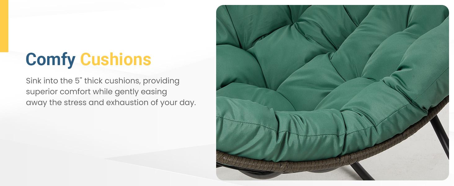 RoyalCraft Patio Rocking Chair with Ottoman, Outdoor Indoor Rocking Egg Chair with Cushions, Metal Lounge Chair Oversized Papasan Chair, Outdoor Wicker Reading Chair for Porch Garden, Green