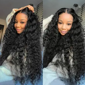[New]38Inch Deep Wave 13x6 Lace Front Wigs Drawstring Glueless Wig Human Hair 180 Density 13x4 HD Lace Frontal Wigs Human Hair Pre Plucked Deep Curly Glueless Wigs Human Hair for Women Natural Black