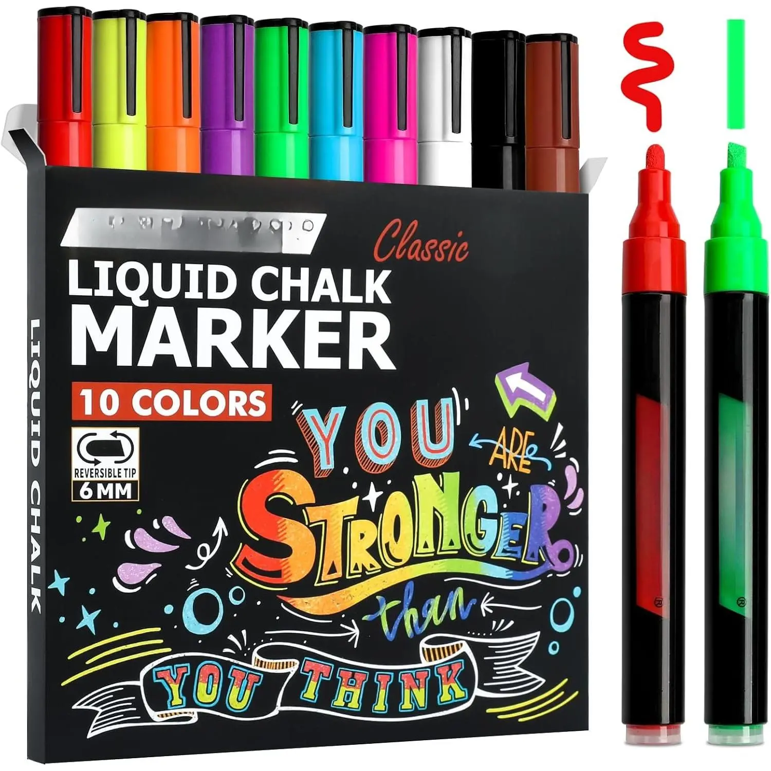 Liquid Chalk Markers Dry erase,10 Pack Classic Colors,6mm Reversible Tips | For Chalkboard,Menu Board,Blackboard,Glass, Window,Non-Porous Surfaces.Dust-Free, Easy to Wipe Off,Odorless,
