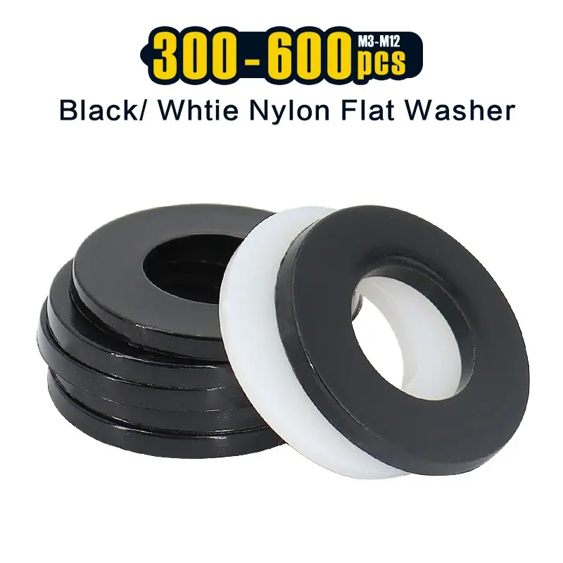 300-600Pcs Nylon Flat Washer Assortment – Black & White Plastic Fender Washers for Screws & Bolts, Premium Hardware Kit