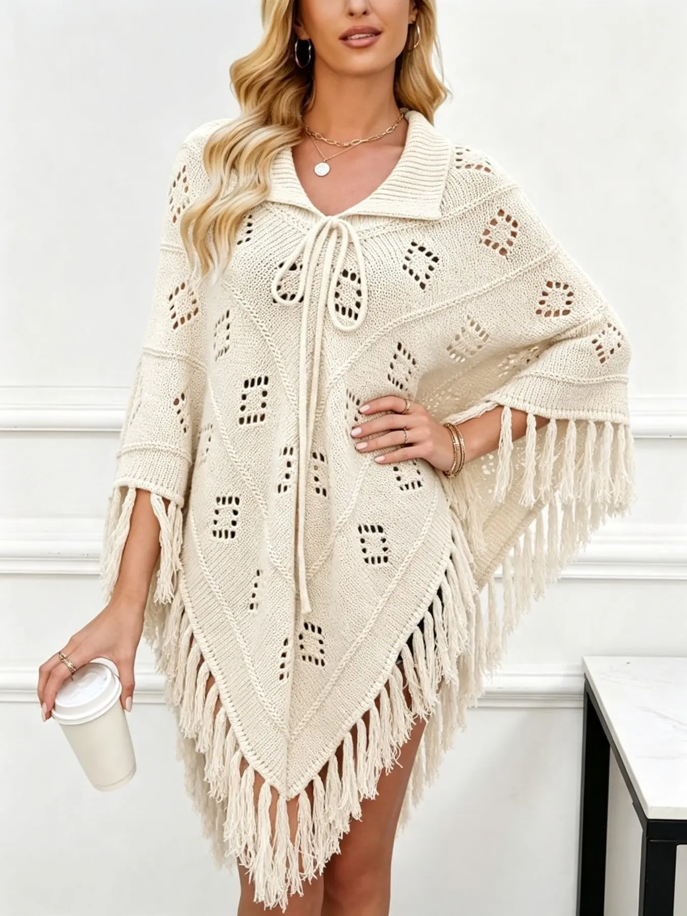 Women Hollow Out Knit Poncho, Tassel Fringe Lapel Drawstring Cape Shawl, Soft Loose Fall Winter Cover Up for Casual Travel Daily Outdoor Dating Streetwea