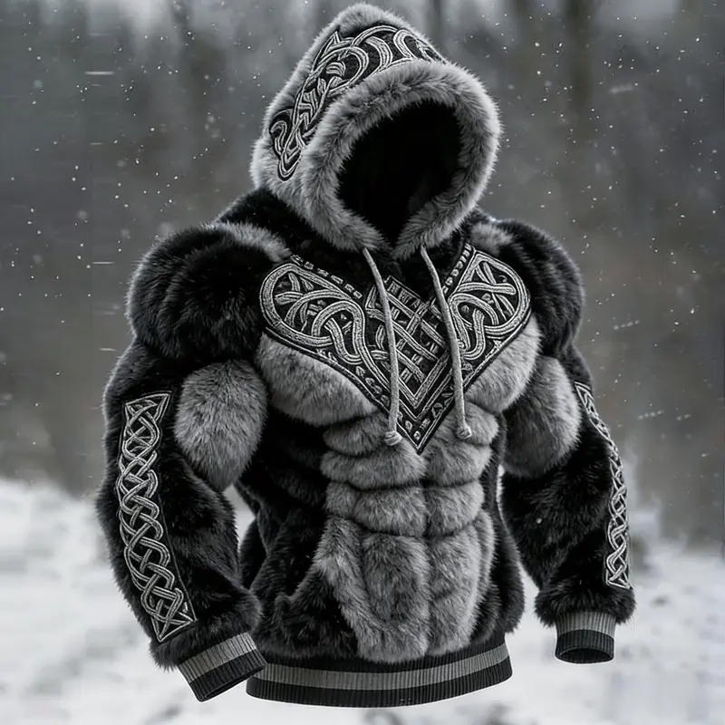 Men's 2D Muscle Sculpted Teddy Fleece Hoodie - Oversized Quilted Fuzzy Sweatshirt for Streetwear & Winter Warmth Dark Muscle-Feel Fleece Hoodie with 3D Tailored Chest Abs and Arm Sculpting