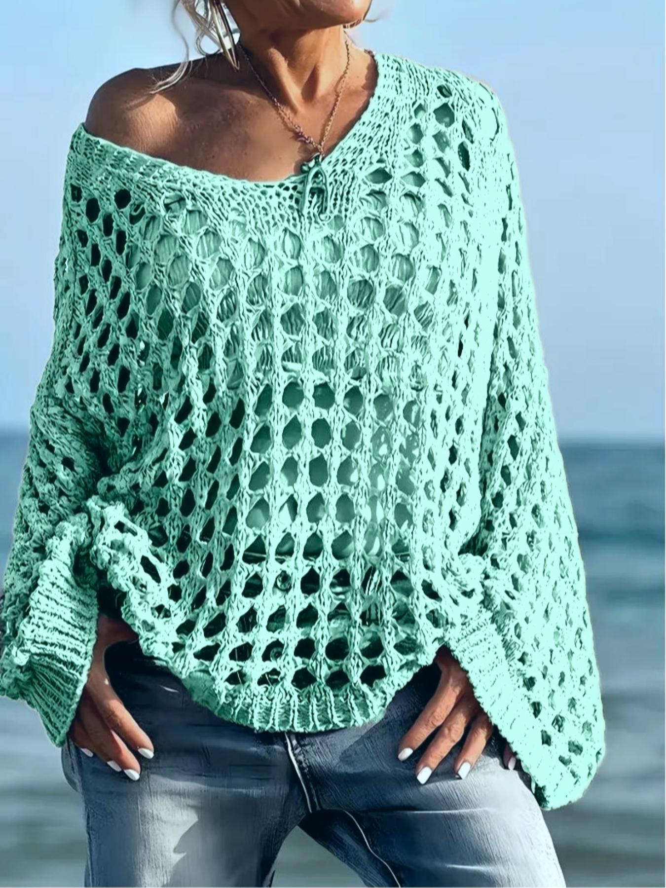 Women's Casual Everyday Loose-Fit V Neck Top, Hollow Out Design, Polyester Knit Fabric, Hand Washable, All Season Wear, Knitwear, Summer