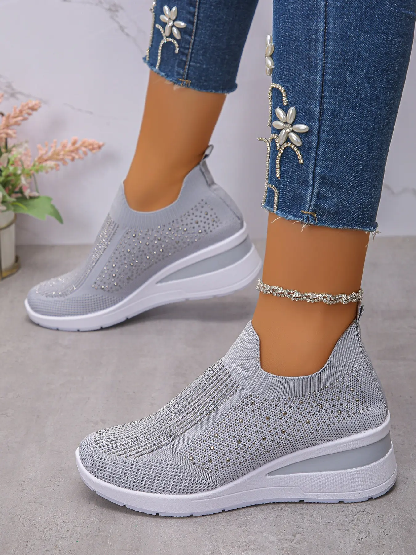 Women's Rhinestone Wedge Shoes, Casual Thick Sole Shockproof Lazy Shoes, Breathable Comfortable Footwear, European Style Shopping Vacation Shoes, Wedge Trainers