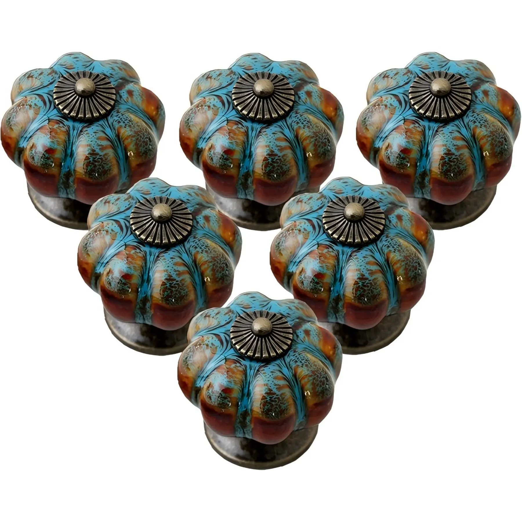 Antique Vintage Pumpkin Shaped Cabinet Knobs, Cabinet Handles, Blue Brown Marbled Leopard Ceramic Drawer Pulls, Zinc Alloy Decorative Dresser Door Knobs, 6 Pack Farmhouse American Style Hardware for Kitchen Cupboard Closet Furniture