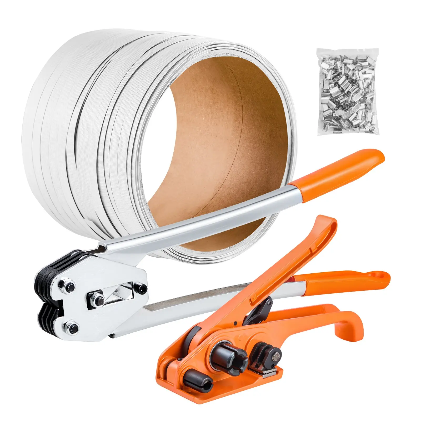 VEVOR Banding Strapping Kit, Heavy Duty Banding Sealer Tool with 330 ft Length PP Band, 100 Metal Seals, Plastic Manual Pallet Packaging Strapping Kit for Warehouse/Shipping/Moving/Home, Orange