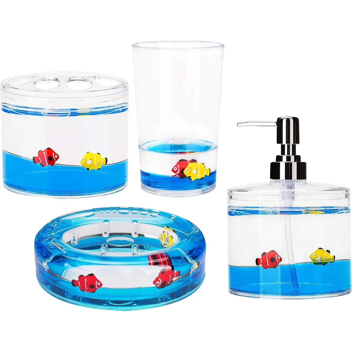 4 Piece Acrylic Liquid 4D Floating Motion Bathroom Vanity Accessory Set Ocean Cartoon Animal Theme Fish Toothbrush Holder, Tumbler, Soap Dispenser, Soap Dish