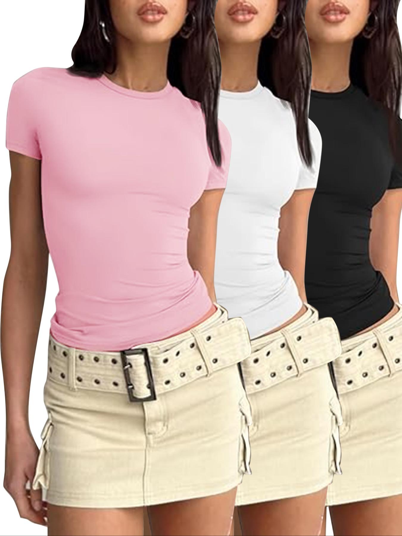 Women's 3pcs Plain Round Neck Loungewear Tee, Casual Basic Short Sleeve T-shirt for Daily Wear, Ladies Sleepwear, Womenswear, Summer Outfits 2024