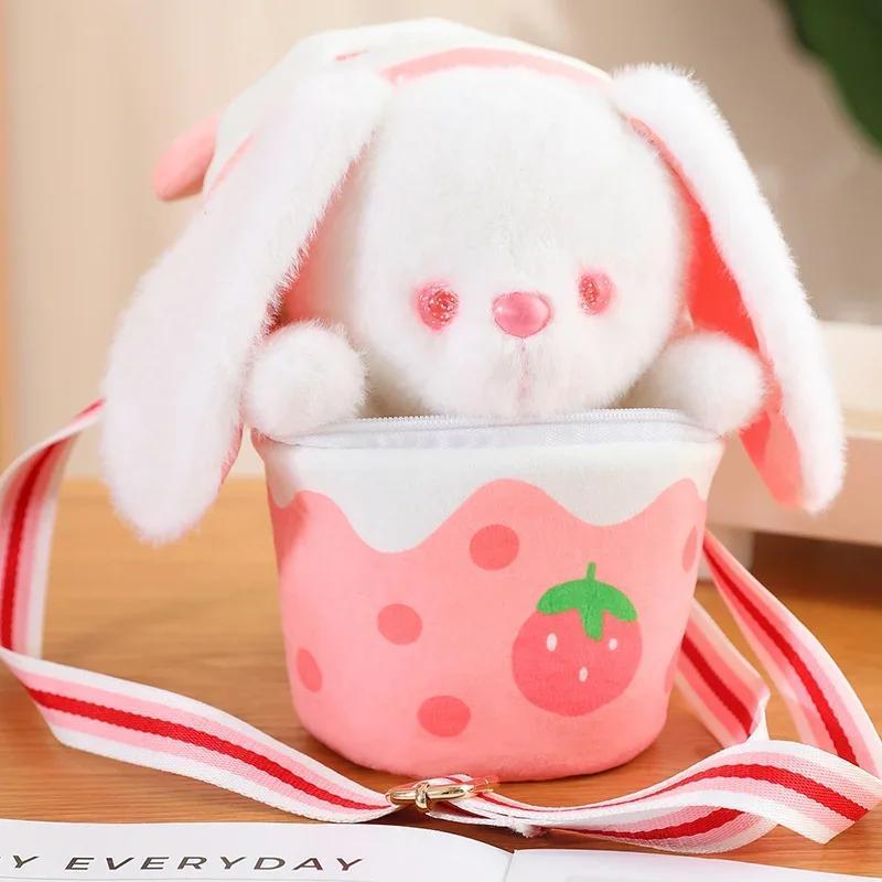Stuffed Funny Bunny Bear Plush Doll Strawberry Carrot Rabbit Plush Toy Soft Bear in Milk Tea Bag Creative Kids Birthday Gift