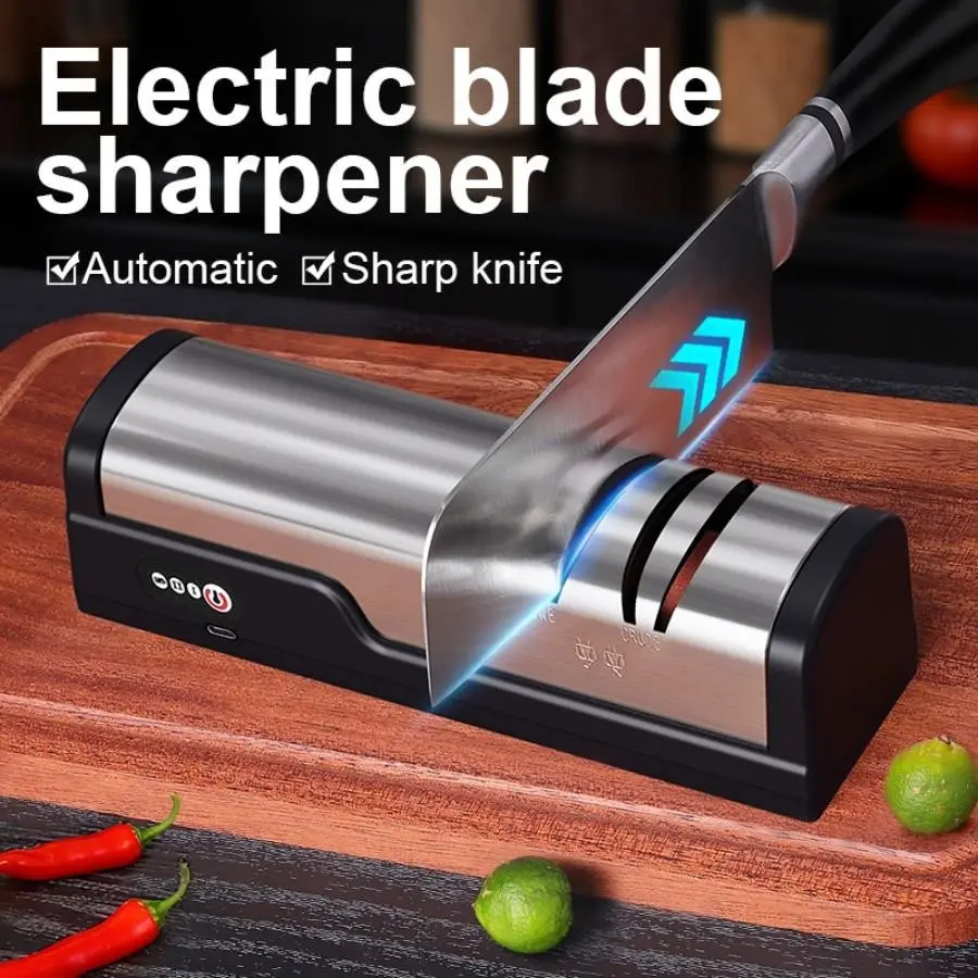 Electric knife sharpener, multi-function professional knife sharpener, one-button quick sharpening, two-speed adjustment of thickness, type-C charging (equipped with 1200mAh lithium battery), suitable for kitchen knives/fruit knives/scissors, etc.