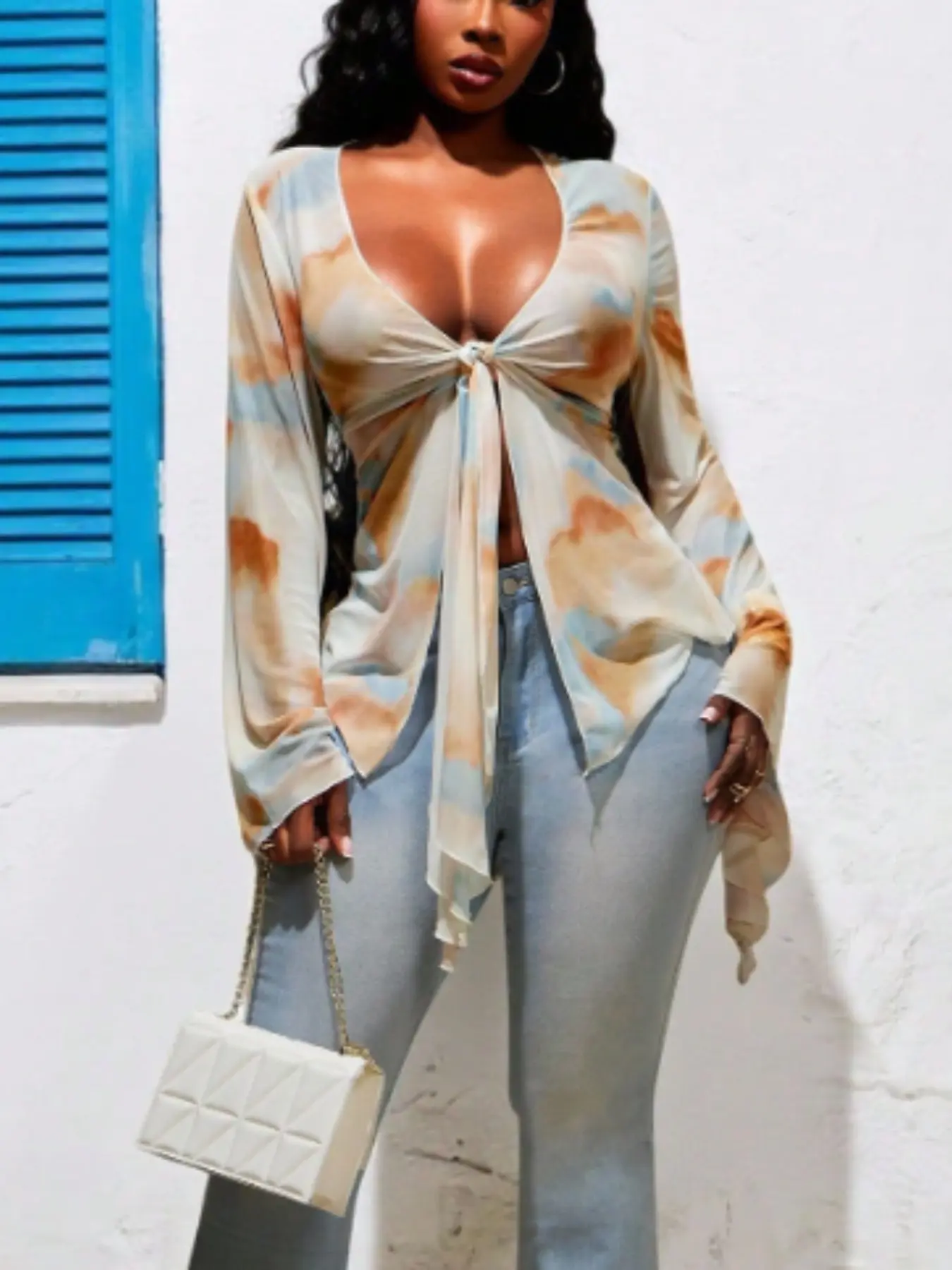 American Style Tie Dye Chiffon Top for Women, Deep V Neck, Knot Tie Straps, Flared Sleeves, Asymmetrical Split, Vacation Long Sleeve Shirt