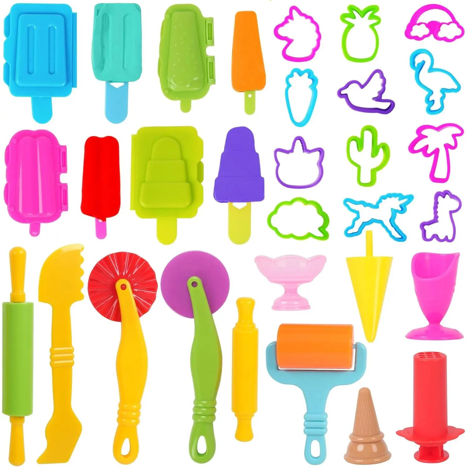 [Summer Essentials]Dough Tools Set for Kids – 31 PCS Summer-Themed Dough Play Tools with Animal Cutters, Ice Cream & Popsicle Molds, Dough Extruder – Clay and Dough Tools Kit (Random Colors)gift