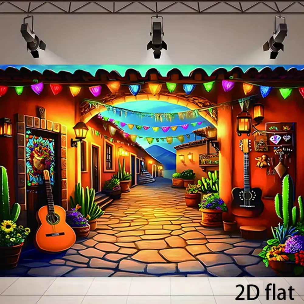 2D Flat Banner Mexican style colorful street theme polyester photography backdrop, HD digitally printed soft lightweight foldable cloth, suitable for wedding photos, party events, product photography, portrait shooting, video stud