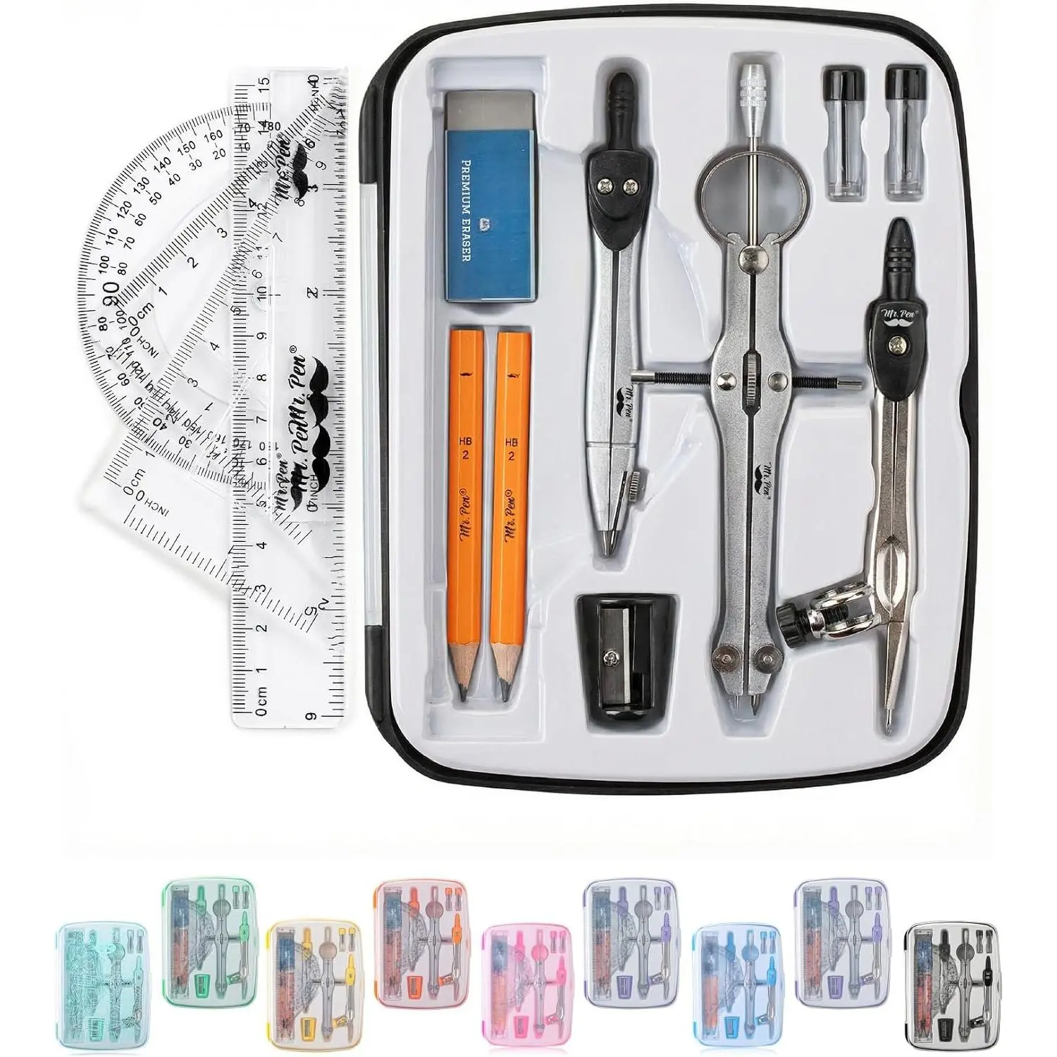 - Geometry Set, 13 count, 3 Metal Compasses, Protractor, 6" Ruler | 45° & 30°/60° Set Squares, cils, Lead Refills, Sharer & Eraser for Math, Drafting & Classroom Use